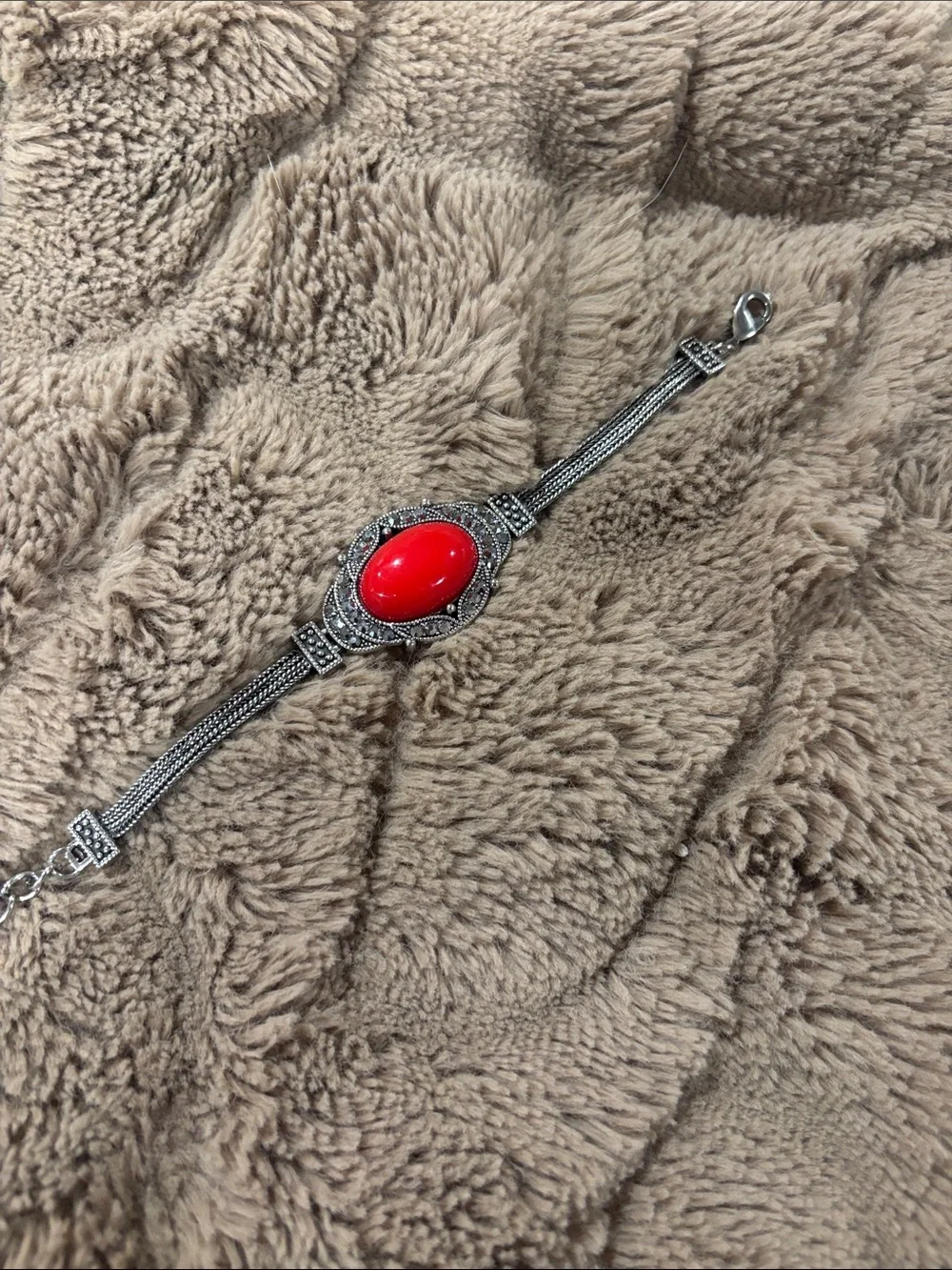 Silver-Tone Bracelet with Red Cabochon Center